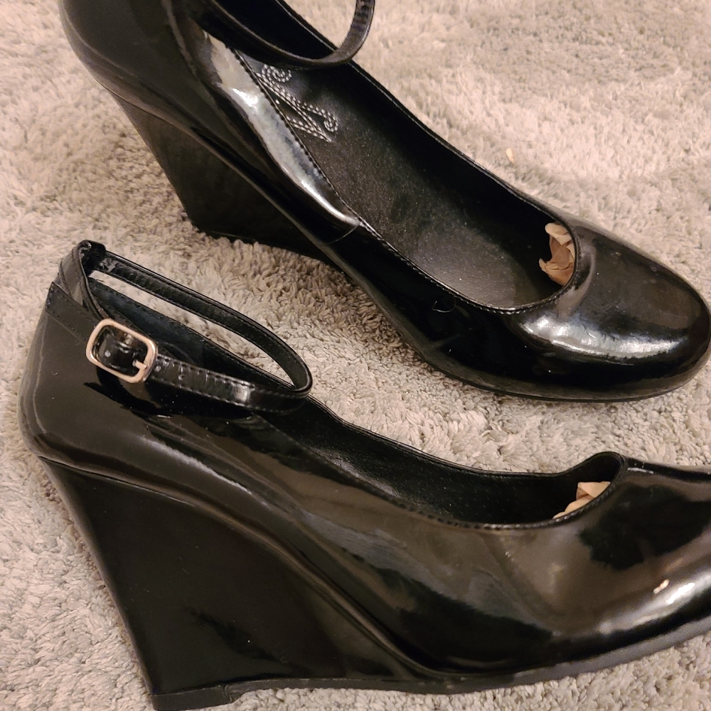 Black Patent Leather Wedges w/ ankle strap